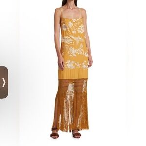 Johanna Ortiz Embroidered Silk Fringe Dress Mustard Floral Slip Maxi S/M Size 6